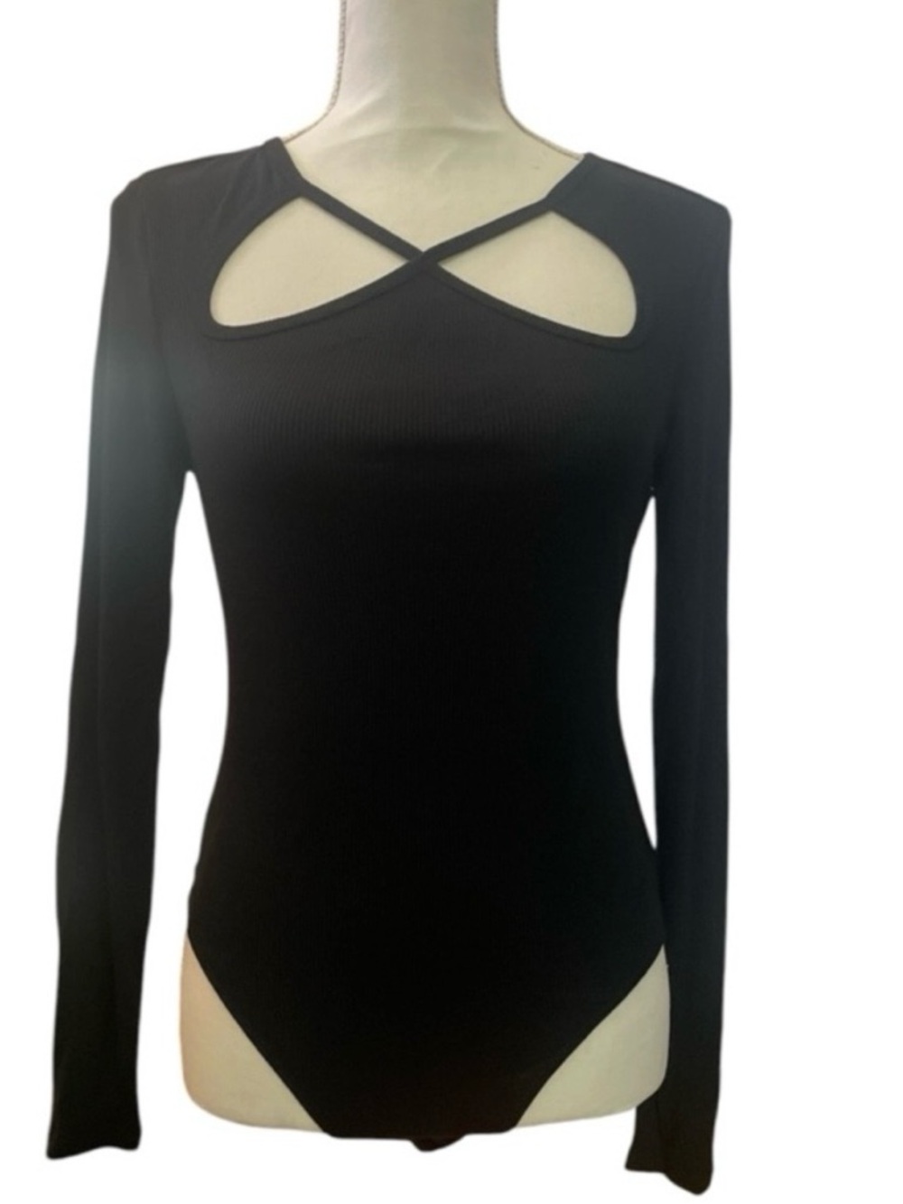 Future Collective Women’s Black Ribbed Cut Out Neck Long Sleeve Bodysuit